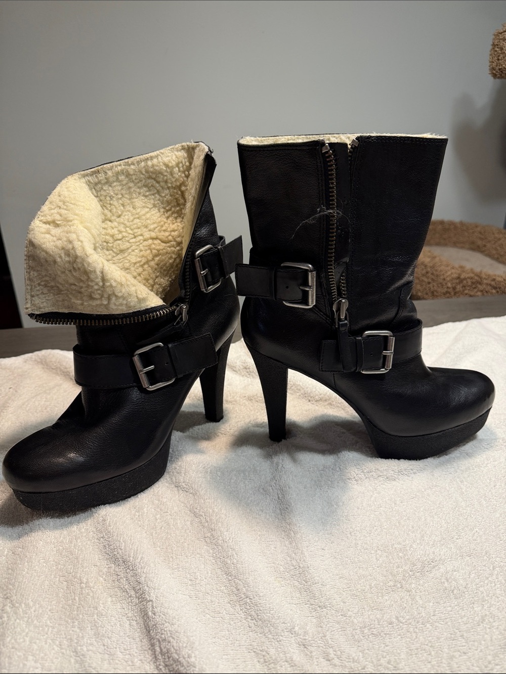 Nine West Black Faux-Shearling Buckle High Heel Ankle Boots